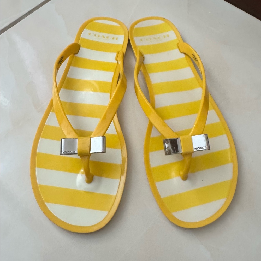 Coach Yellow and White Striped Jelly Flip Flop Sandals